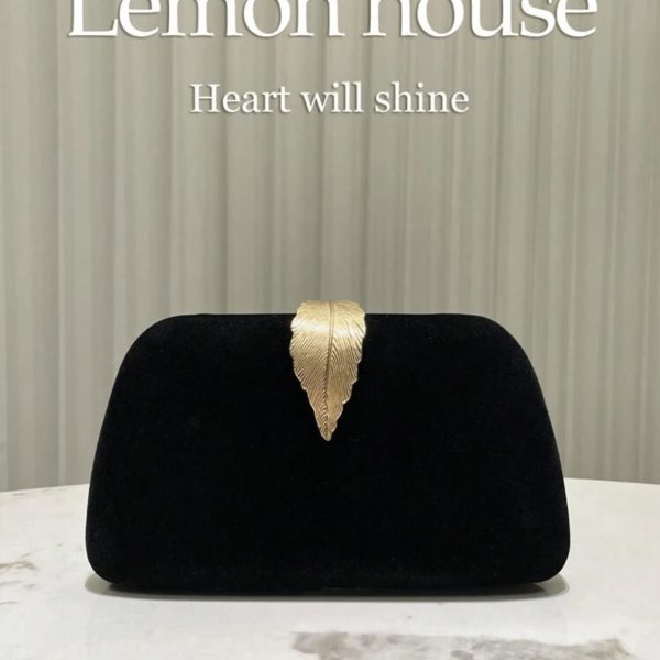 1 pièce Élégante pochette vintage en velours noir avec fermoir en métal en forme de feuille, convient pour les robes de soirée, les banquets, les mariages et les occasions formelles