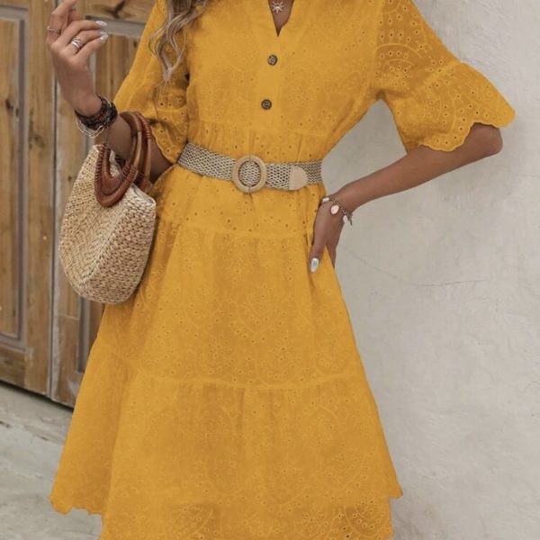 SHEIN LUNE Robe Évasée Décontractée D'été Évidée Avec Broderie, Encolure En V, Ourlet À Volants Pour Sortir