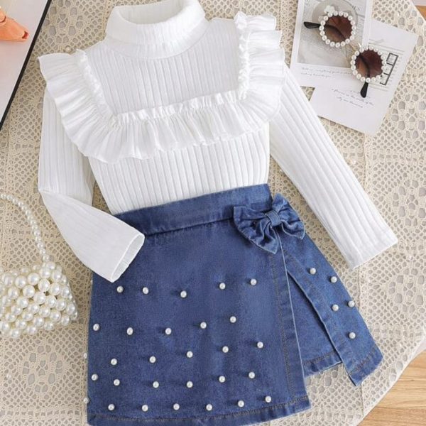 2 pièces ensemble top à manches longues décontracté et jupe en jean pour jeune fille