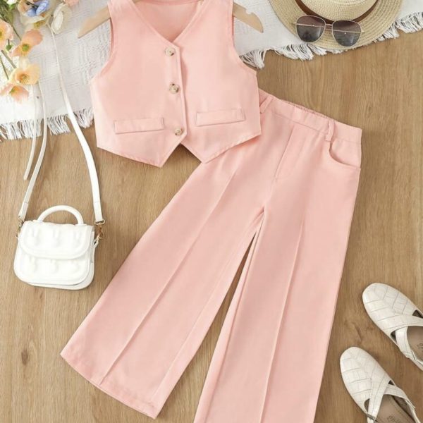 SHEIN Gilet Uni À Simple Boutonnage Et Pantalon Large Pour Jeune Fille