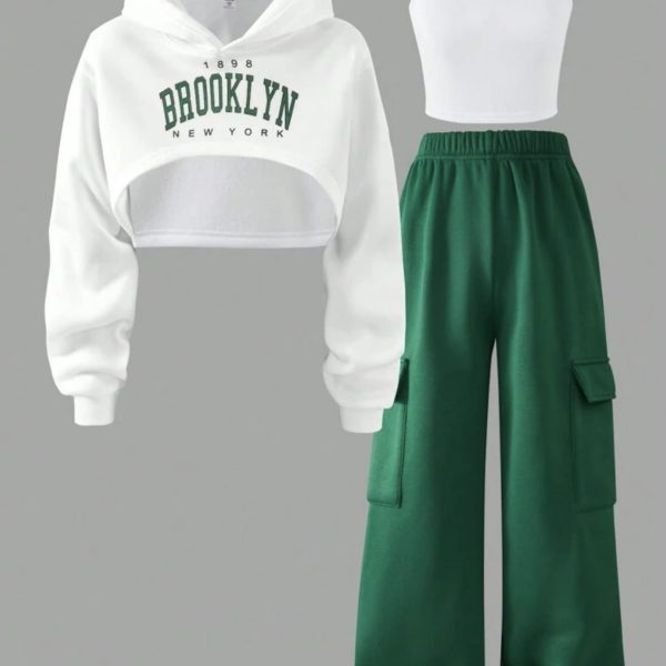 Streecool Kids 3 pièces/set Sweat-shirt tricoté imprimé de lettres avec doublure thermique, débardeur et pantalon cargo pour préadolescentes, automne/hiver