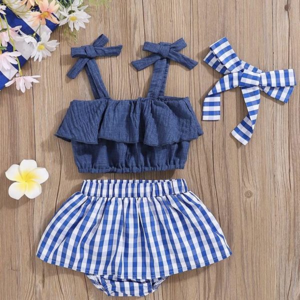 SHEIN 3 pièces Ensemble de top de camisole denœud papillon adorable pour bébé fille, jupe à carreaux avec ourlet à froufrous et bandeau pour fête de vacances d'été
