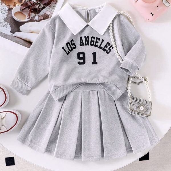 2 pièces Ensemble de style scolaire décontracté pour jeune fille, avec sweat-shirt à col imprimé lettres et jupe plissée, printemps et automne