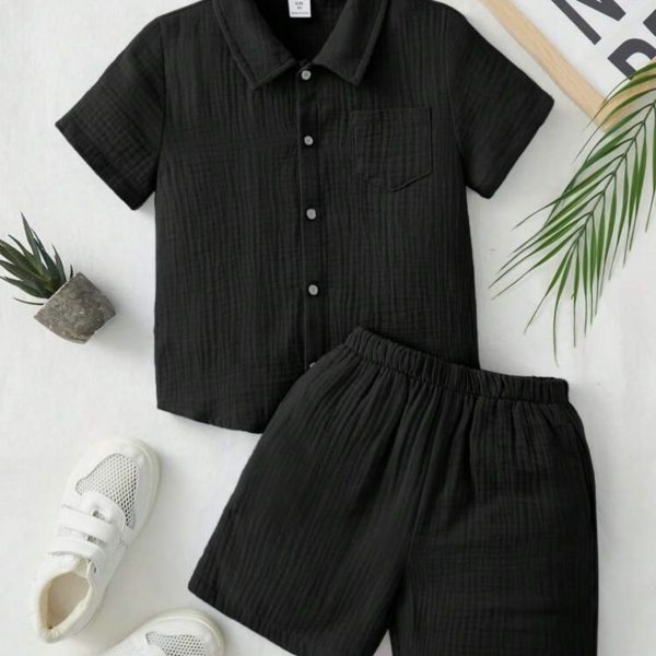 SHEIN Ensemble chemise et short unicolore pour jeune garçon avec poche appliquée, tenue simple pour pré-adolescents