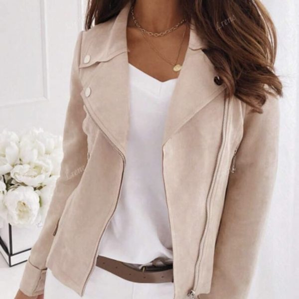 Veste casual à col montant avec zip et boutons décoratifs, coupe slim pour femmes. Manteau court synthétique et polaire