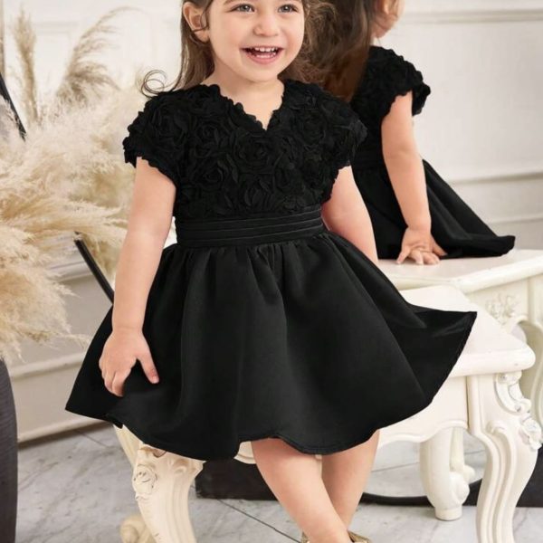 Robe mi-longue élégante ajustée mignonne style palais vintage pour bébé fille, col en V, manches courtes