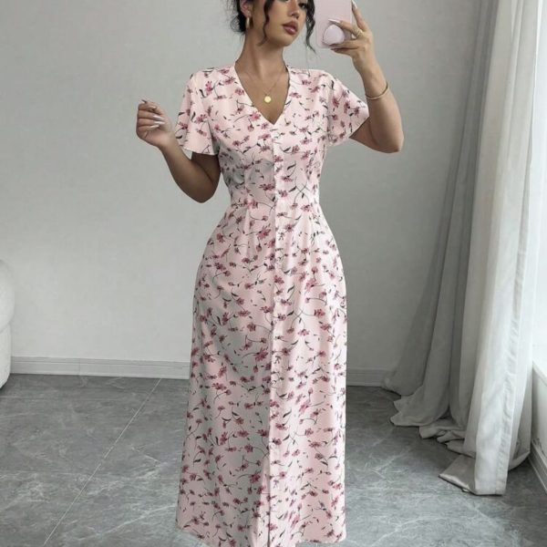 Rafferiza Nouvelle robe chemise européenne et américaine à col V décontractée avec lien à la taille à motif floral