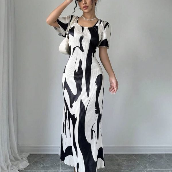 Rafferiza Robe maxi à col carré et manches bouffantes avec imprimé géométrique pour femmes