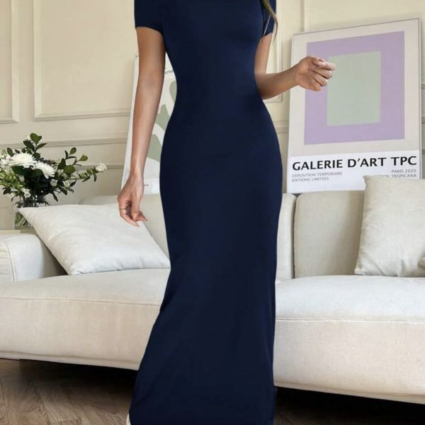 SHEIN EZwear Robe moulante d'été pour femmes, col rond, couleur unie