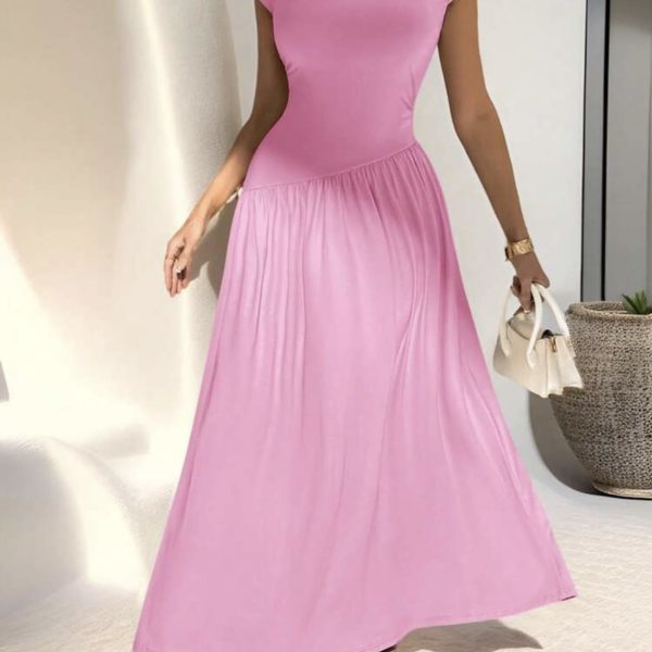 Firerie Robe asymétrique élégante minimaliste à porter au quotidien, avec col montant ajusté, manches courtes et ligne A à la taille, dans une couleur unie