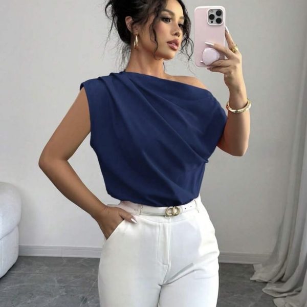 Elenzga Blouse élégante à manches courtes, col asymétrique plissé, couleur unie pour femmes