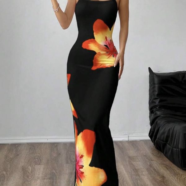 SHEIN EZwear Robe longue aux fines bretelles à imprimé floral élégante pour femme, idéale pour les vacances d'été