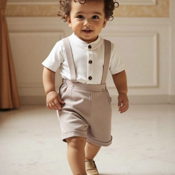 2 pièces Ensemble chemise à col montant et short salopette pour bébé garçon. Mode, doux et confortable, adapté aux tenues d'été, vêtements d'enfant, vêtements de tout-petit, tenue de bébé, tenues pour bébé garçon, chemise de bébé, salopette short de tout-petit, 6 mois - 3 ans