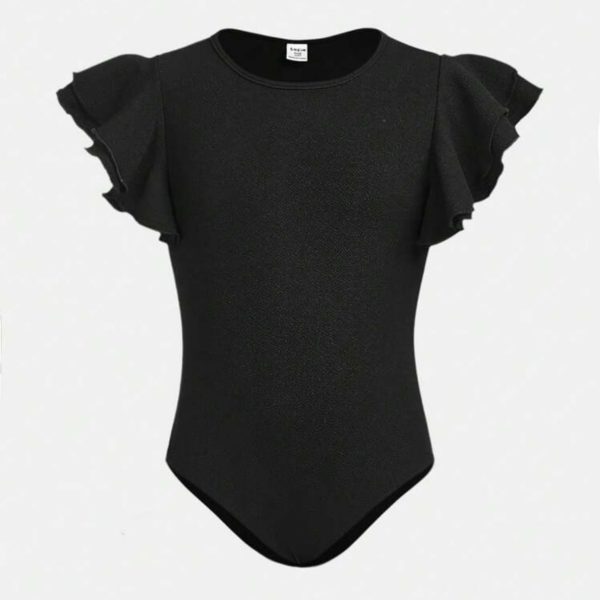 SHEIN Girlism Bodysuit Décontracté À Manches Volantées Courtes Et En Tricot Pour Fille Préadolescente Couleur Solide