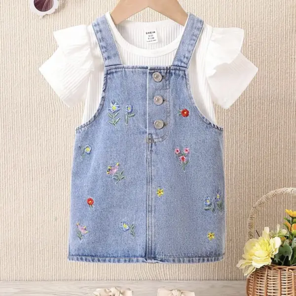 SHEIN Tenue d'été pour bébé fille, haut à manches à volants et robe salopette brodée de fleurs