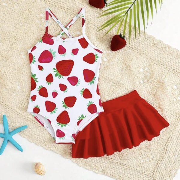 SHEIN 1 pièce Maillot de bain une pièce pour bébé fille avec imprimé fraise mignon et jupe