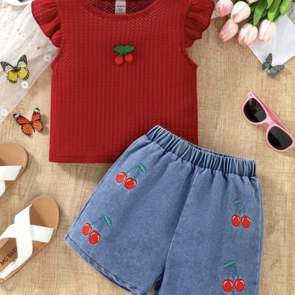 2 pièces Set t-shirt à manches courtes avec imprimé gaufré + shorts en jean brodés de cerises pour jeunes filles navettant