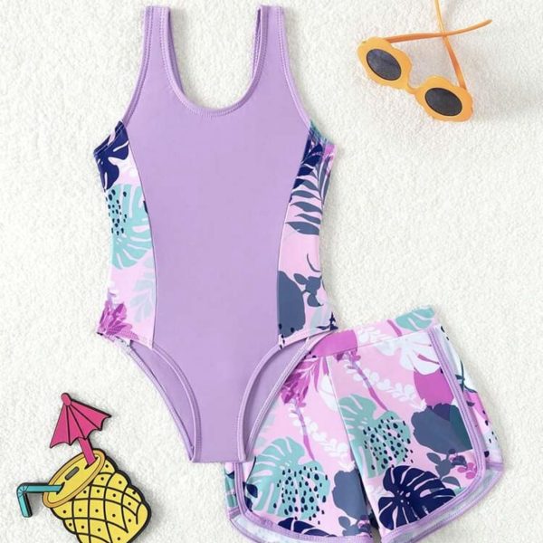 SHEIN Maillot De Bain Une Pièce Imprimé Tropical Pour Jeunes Filles Avec 2 Pièces/ensemble De Shorts De Bain