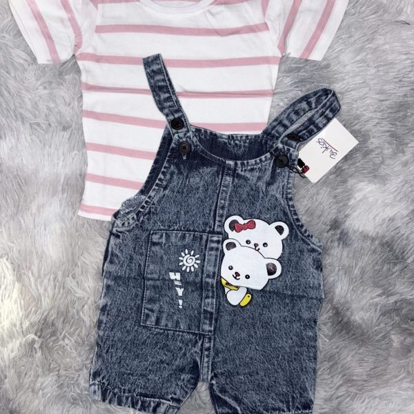 Jolie salopette jean ourson avec t-shirt rose