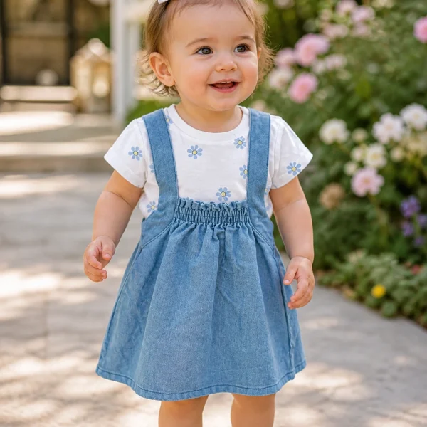 Salopette robe en jean et t shirt a fleur