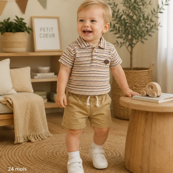 Ensemble Bébé Garçon Rayé Camel avec Short Beige